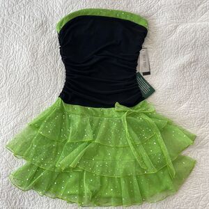 NWT Byer Too! Y2K Neon Lime Green Black Sequin Ruffle Dress Small Tube Ruched